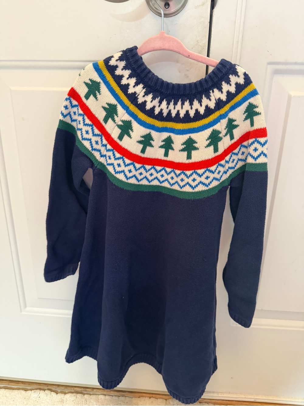 Hanna Andersson Navy Multicolor Fair Isle Holiday Crewneck Sweater Dress